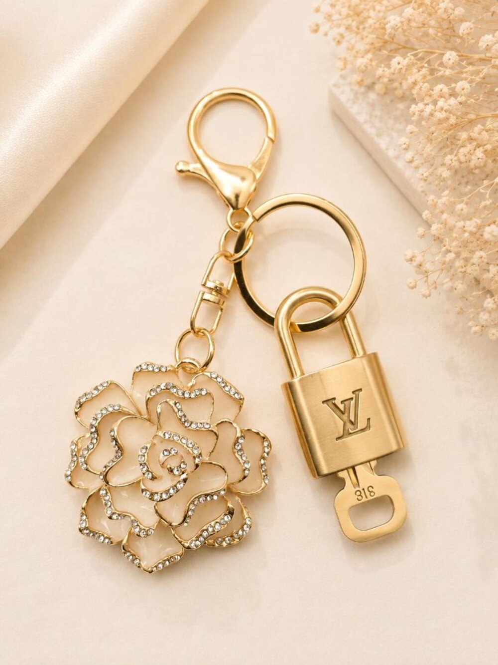 Authentic Louis Vuitton Gold Lock & Key ✨ Unbranded Flower Bag Charm Keychain